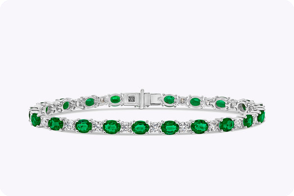 5.33 Carats Total Oval Cut Emerald & Diamond Tennis Bracelet in White Gold