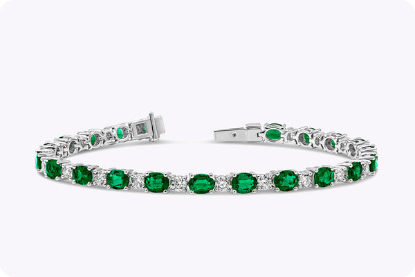 5.33 Carats Total Oval Cut Emerald & Diamond Tennis Bracelet in White Gold