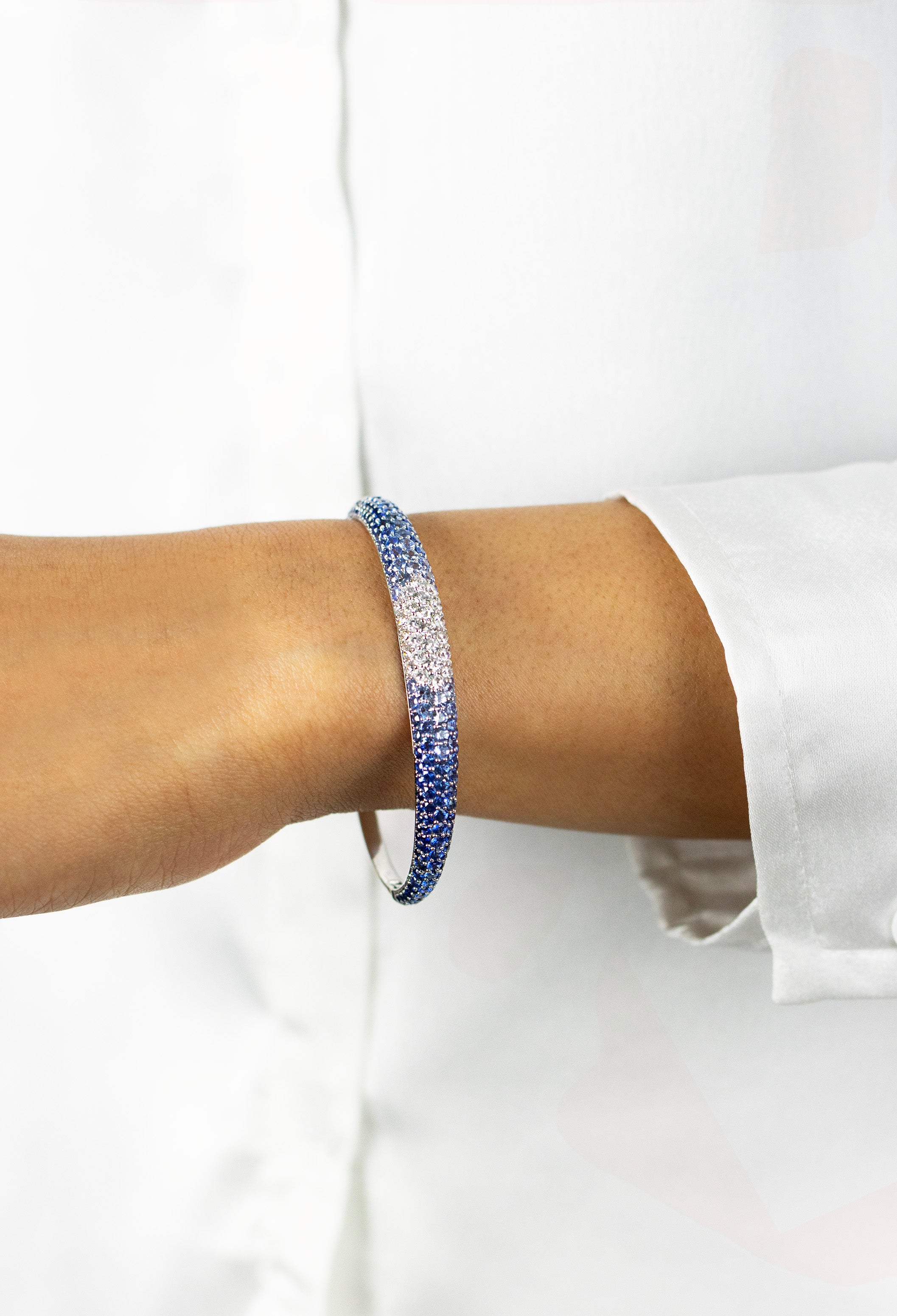 10.05 Carat Round Brilliant Cut Sapphire & Diamond Cuff Bangle in White Gold