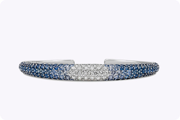 10.05 Carats Round Brilliant Cut Sapphire & Diamond Cuff Bangle in White Gold