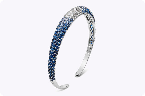 10.05 Carat Round Brilliant Cut Sapphire & Diamond Cuff Bangle in White Gold