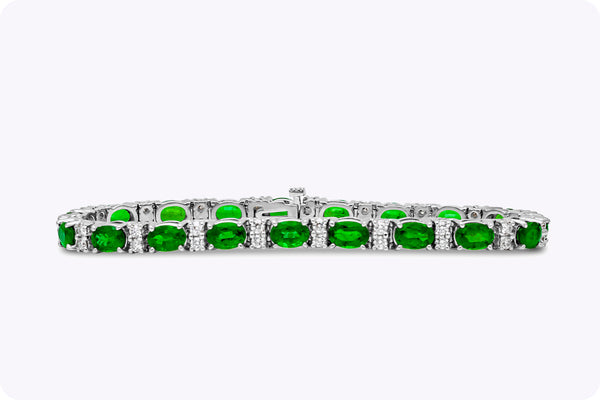 8.48 Carats Total Oval Cut Emerald Tennis Bracelet with Diamonds in White Gold