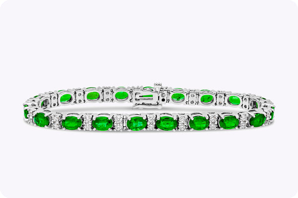 8.48 Carats Total Oval Cut Emerald Tennis Bracelet with Diamonds in White Gold