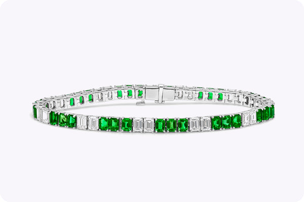 11.36 Carats Total Emerald Cut Alternating Emerald & Diamond Tennis Bracelet in 18K White Gold