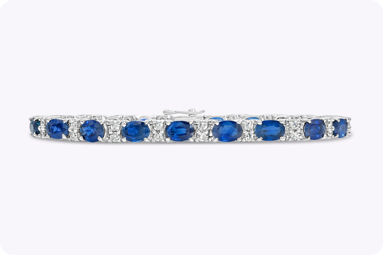 12.83 Carats Total Blue Sapphire & Diamond Tennis Bracelet in White Gold