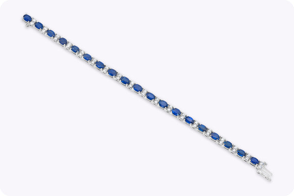 12.83 Carats Total Blue Sapphire & Diamond Tennis Bracelet in White Gold