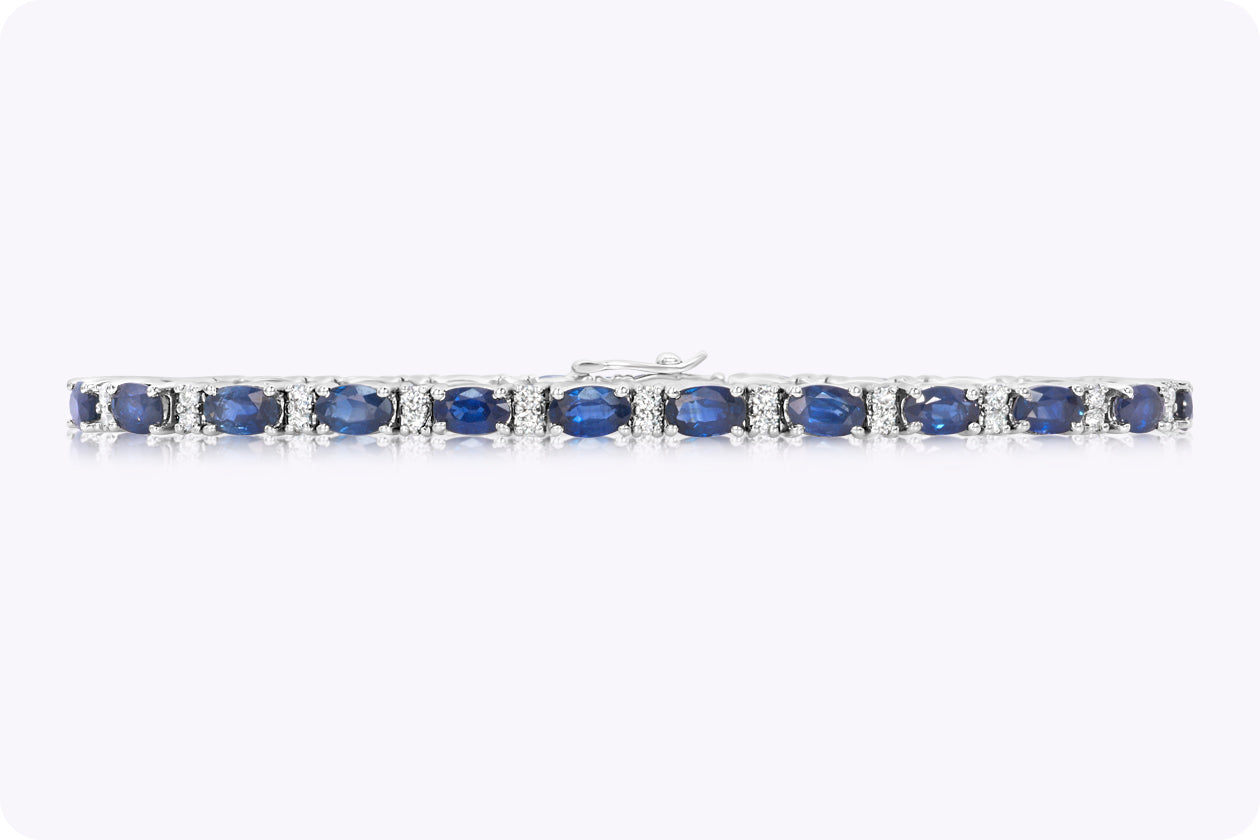 8.51 Carats Total Oval Cut Sapphire & Diamond Tennis Bracelet in White Gold