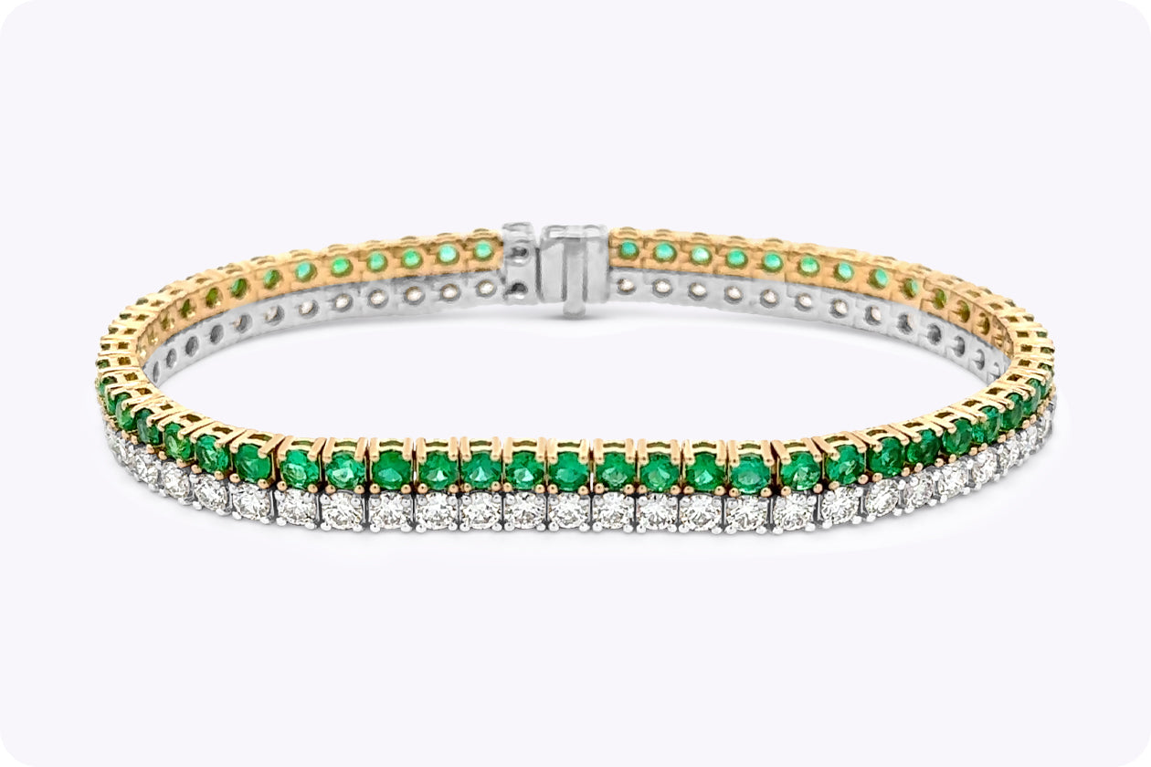 8.53 Carats Total Round Cut Emerald & Diamond Tennis Bracelet in Two-Tone Gold