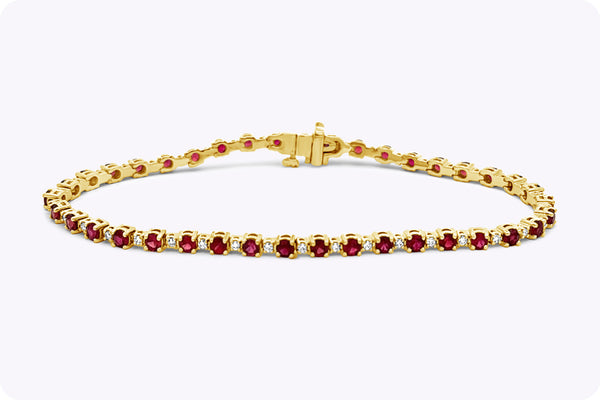 3.52 Carats Total Round Cut Ruby & Diamond Tennis Bracelet in Yellow Gold