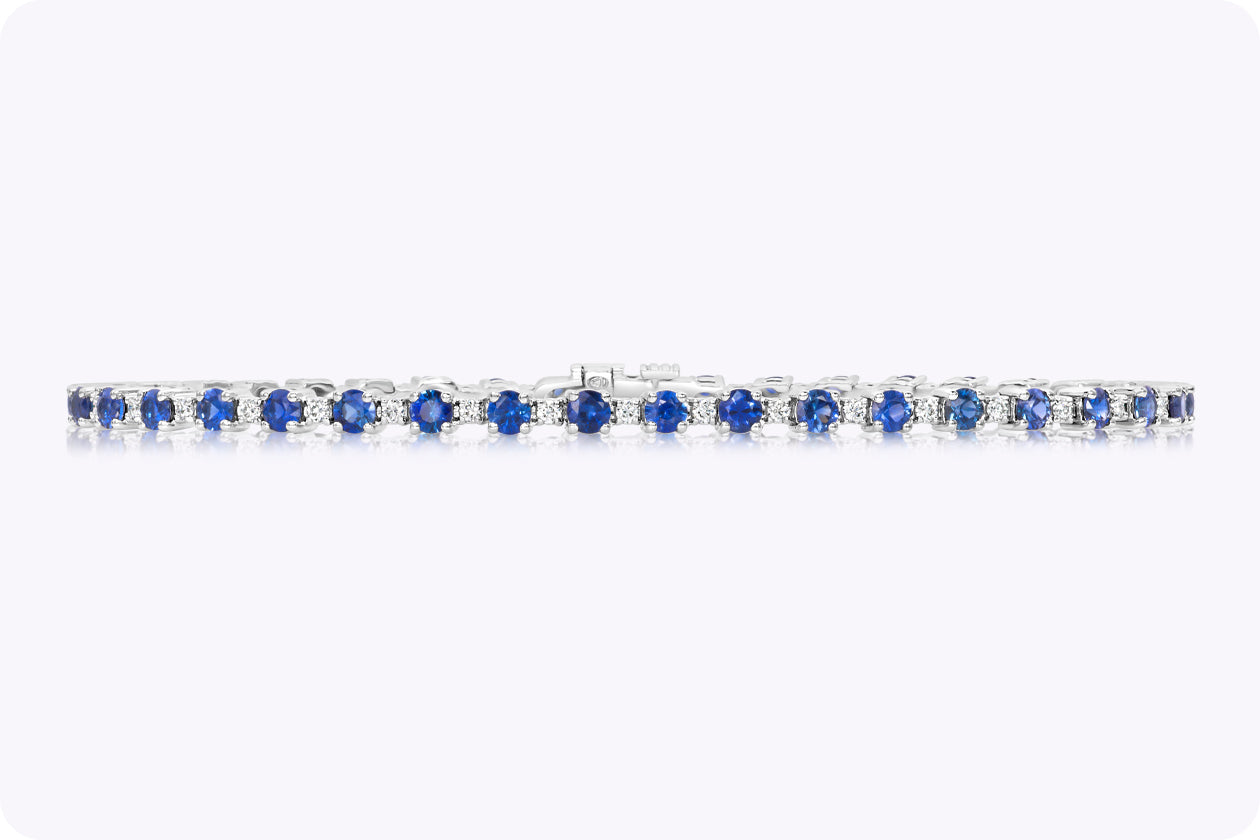 3.43 Carats Total Round Cut Sapphire & Diamond Tennis Bracelet in White Gold