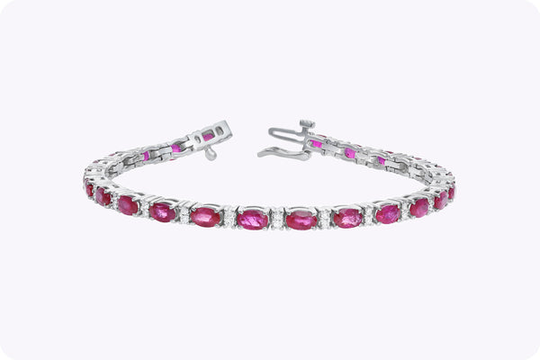 6.49 Carats Oval Cut Ruby & Diamond Tennis Bracelet in White Gold