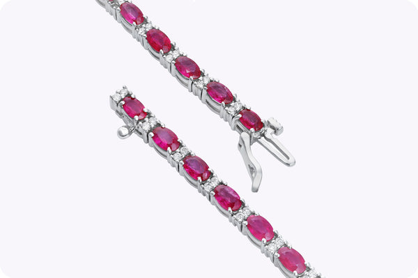 6.49 Carats Oval Cut Ruby & Diamond Tennis Bracelet in White Gold
