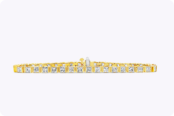 7.71 Carat Total Princess Cut Diamond Half-Bezel Tennis Bracelet in Yellow Gold