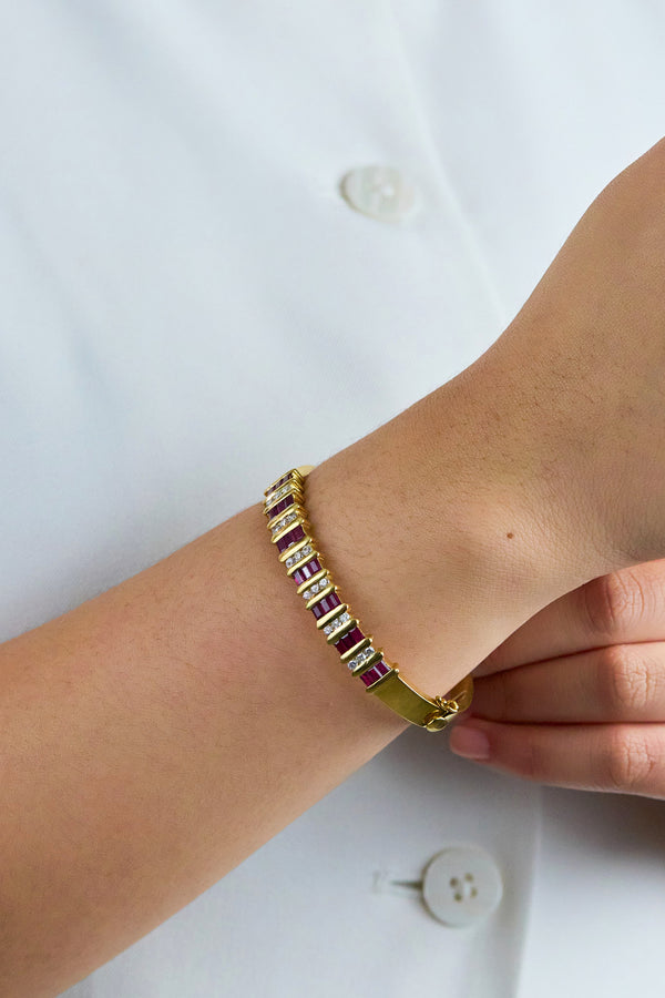 4.76 Carats Total Mixed-Cut Ruby & Diamond Bangle Bracelet in Yellow Gold