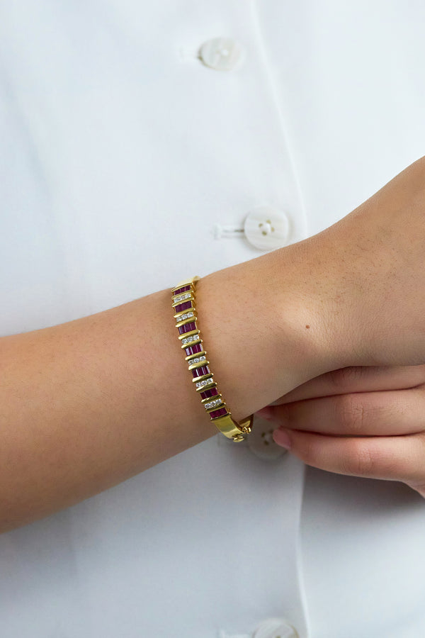 4.76 Carats Total Mixed-Cut Ruby & Diamond Bangle Bracelet in Yellow Gold