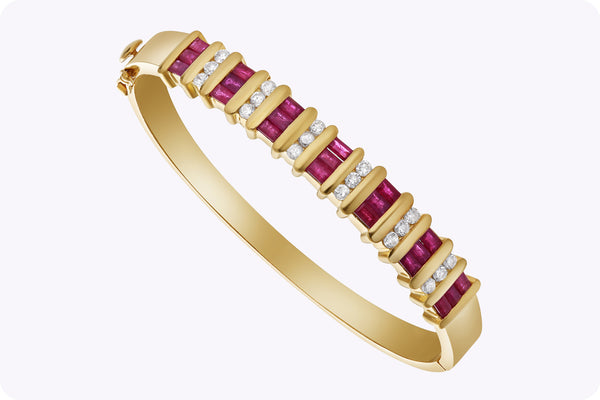 4.76 Carats Total Mixed-Cut Ruby & Diamond Bangle Bracelet in Yellow Gold