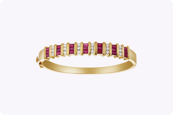 4.76 Carats Total Mixed-Cut Ruby & Diamond Bangle Bracelet in Yellow Gold