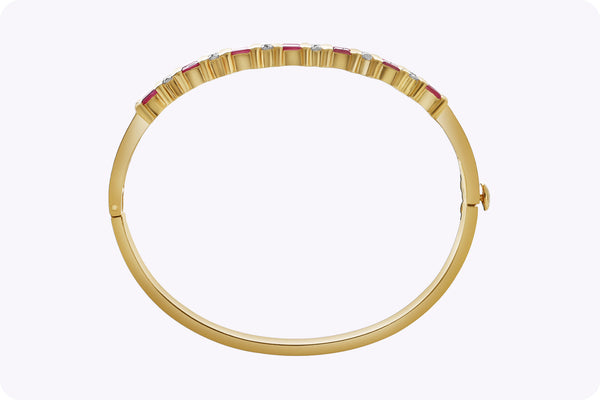 4.76 Carats Total Mixed-Cut Ruby & Diamond Bangle Bracelet in Yellow Gold