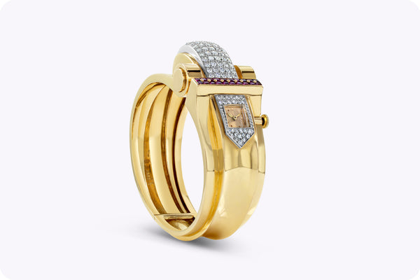 Retro 3.80 Carats Round Cut Diamond & Ruby 18K Yellow Gold Watch