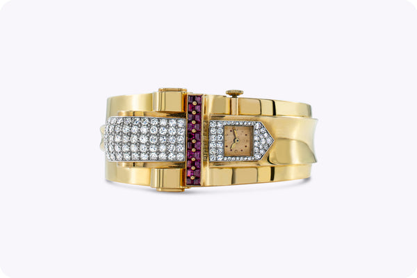 Retro 3.80 Carats Round Cut Diamond & Ruby 18K Yellow Gold Watch
