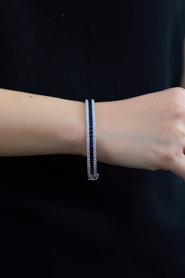 5.13 Carat French Cut Sapphire & Diamond Bangle Bracelet in White Gold