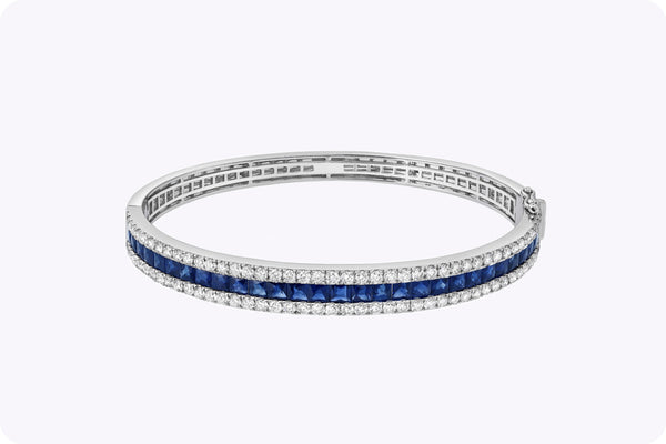 5.13 Carat French Cut Sapphire & Diamond Bangle Bracelet in White Gold