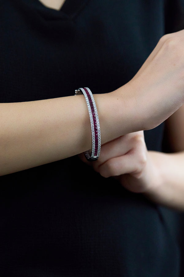 4.70 Carat French Cut Ruby & Diamond Bangle Bracelet in White Gold