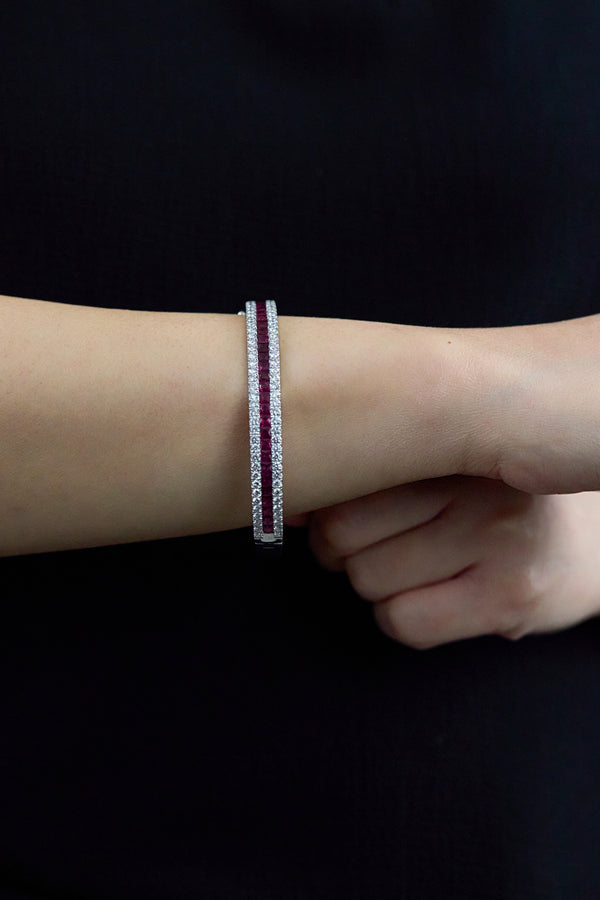 4.70 Carat French Cut Ruby & Diamond Bangle Bracelet in White Gold