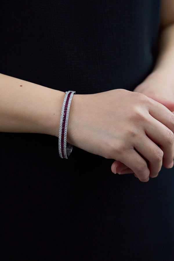 4.70 Carat French Cut Ruby & Diamond Bangle Bracelet in White Gold