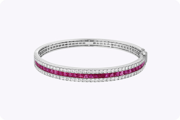 4.70 Carat French Cut Ruby & Diamond Bangle Bracelet in White Gold
