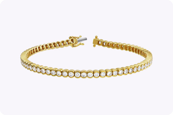 3.39 Carats Total Round Brilliant Diamond Half-Bezel Tennis Bracelet in Yellow Gold