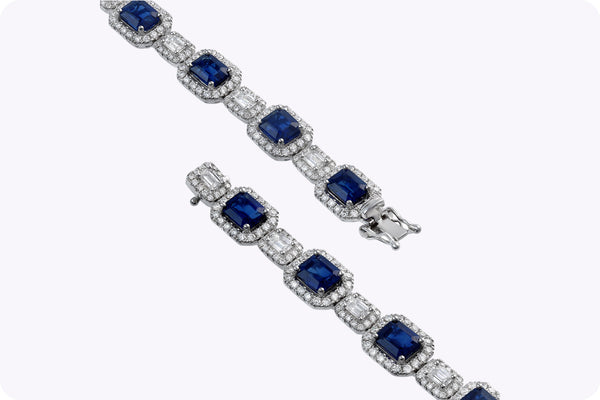 15.35 Carats Total Sapphire & Diamond Halo Alternating Bracelet in White Gold