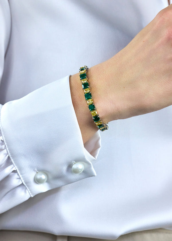 22.52 Carats Total Emerald & Diamond Tennis Bracelet in Yellow Gold and Platinum