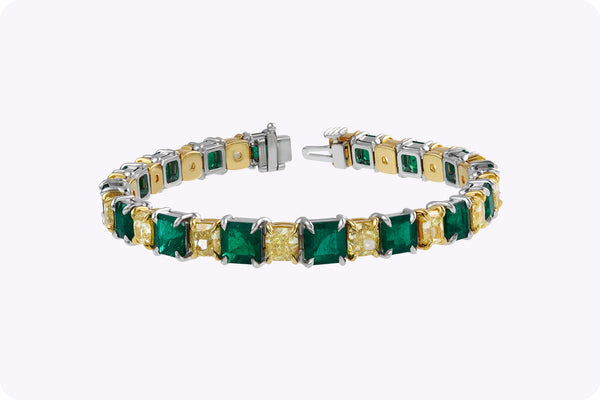 22.52 Carats Total Emerald & Diamond Tennis Bracelet in Yellow Gold and Platinum
