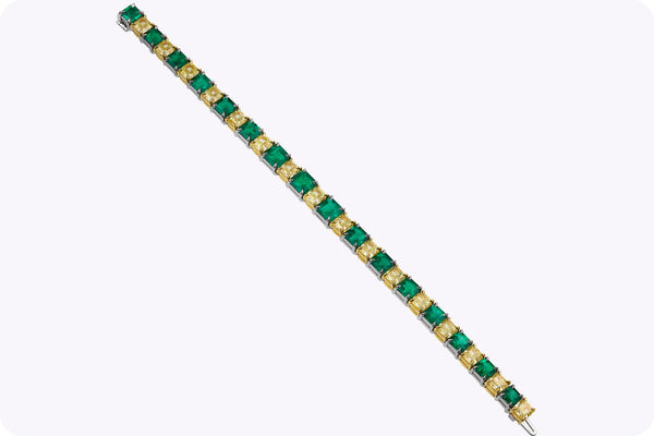 22.52 Carats Total Emerald & Diamond Tennis Bracelet in Yellow Gold and Platinum