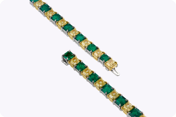 22.52 Carats Total Emerald & Diamond Tennis Bracelet in Yellow Gold and Platinum
