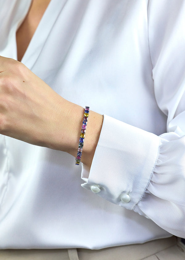 24.78 Carats Total Princess Cut Multicolored Sapphire Tennis Bracelet in Platinum