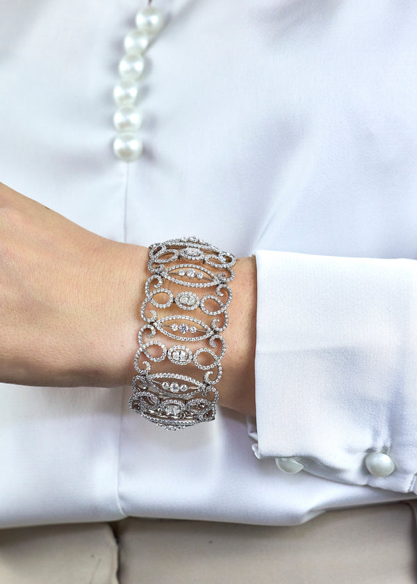 19.72 Carats Total Round and Oval-Cut Diamond Wide Fashion Bracelet in White Gold