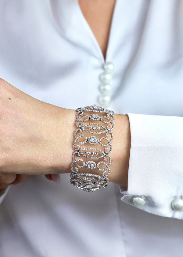 19.72 Carats Total Round and Oval-Cut Diamond Wide Fashion Bracelet in White Gold