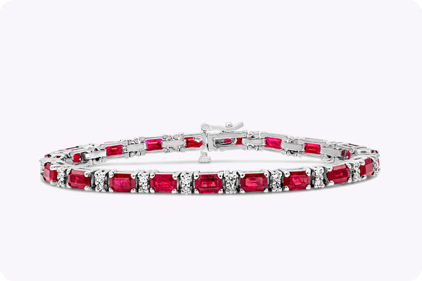 12.33 Carats Total Emerald Cut Burmese Ruby & Diamond Tennis Bracelet in White Gold