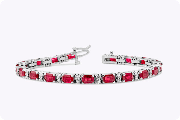 12.33 Carats Total Emerald Cut Burmese Ruby & Diamond Tennis Bracelet in White Gold