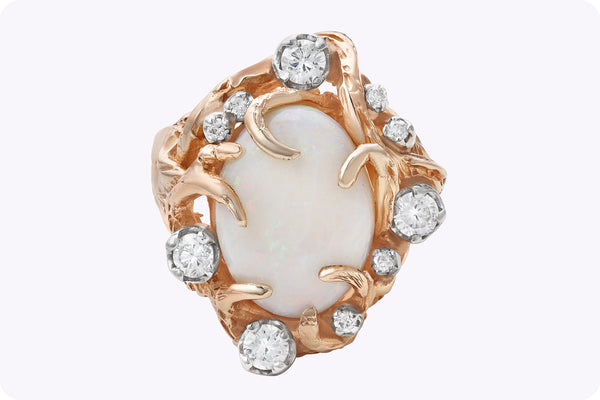 3.70 Carats Cabochon Ethiopian White Opal & Diamond Cocktail Ring in Yellow Gold