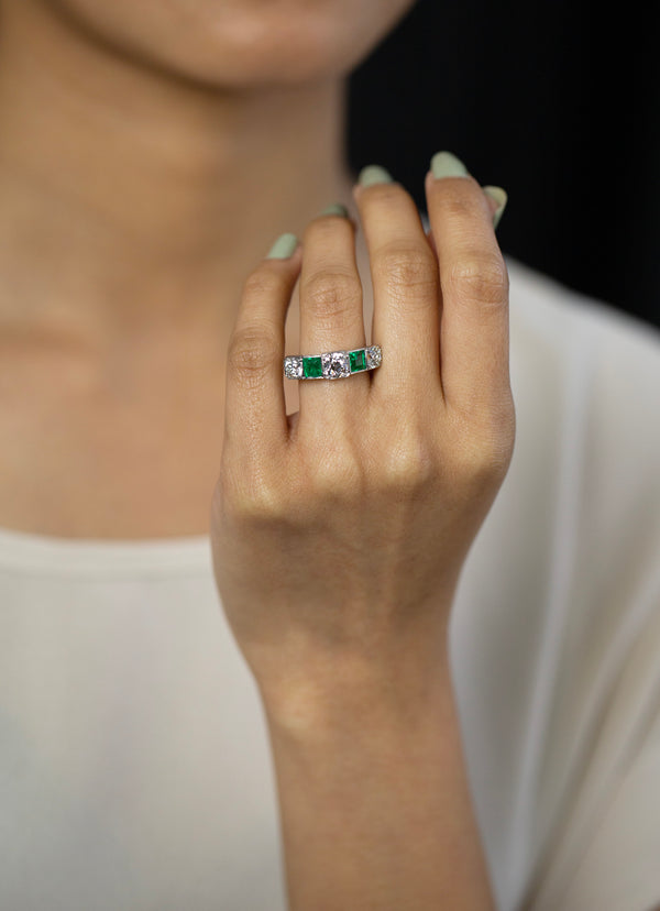 2.15 Carats Alternating Old European and Green Emerald Five Stone Wedding Band in Platinum