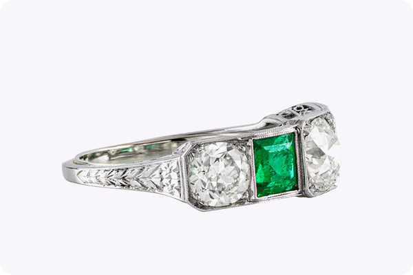 2.15 Carats Alternating Old European and Green Emerald Five Stone Wedding Band in Platinum