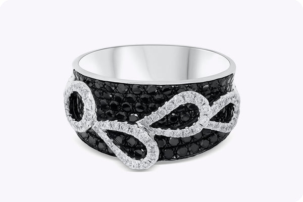 2.07 Carats Total Black & White Diamond Concave Fashion Ring in White Gold