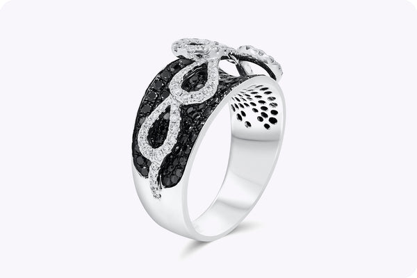 2.07 Carats Total Black & White Diamond Concave Fashion Ring in White Gold