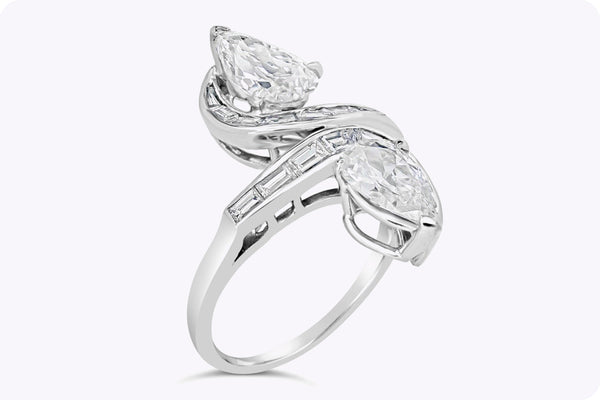 GIA Certified Antique 2.48 Carats Total Double Pear Shape Diamond Cocktail Ring in Platinum