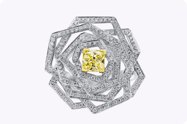 GIA Certified 0.81 Carat Radiant Cut Yellow Diamond Flower Ring White Gold