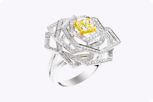 GIA Certified 0.81 Carat Radiant Cut Yellow Diamond Flower Ring White Gold