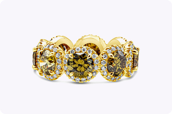 5.70 Carats Total Green-Yellow Cognac Diamond Halo Eternity Wedding Band Ring in Yellow Gold